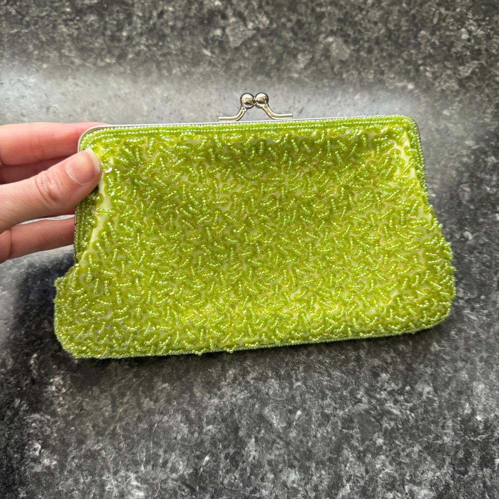 Vintage CEM Lime Green Beaded Sequin Evening Clutch Bag with Chain Strap